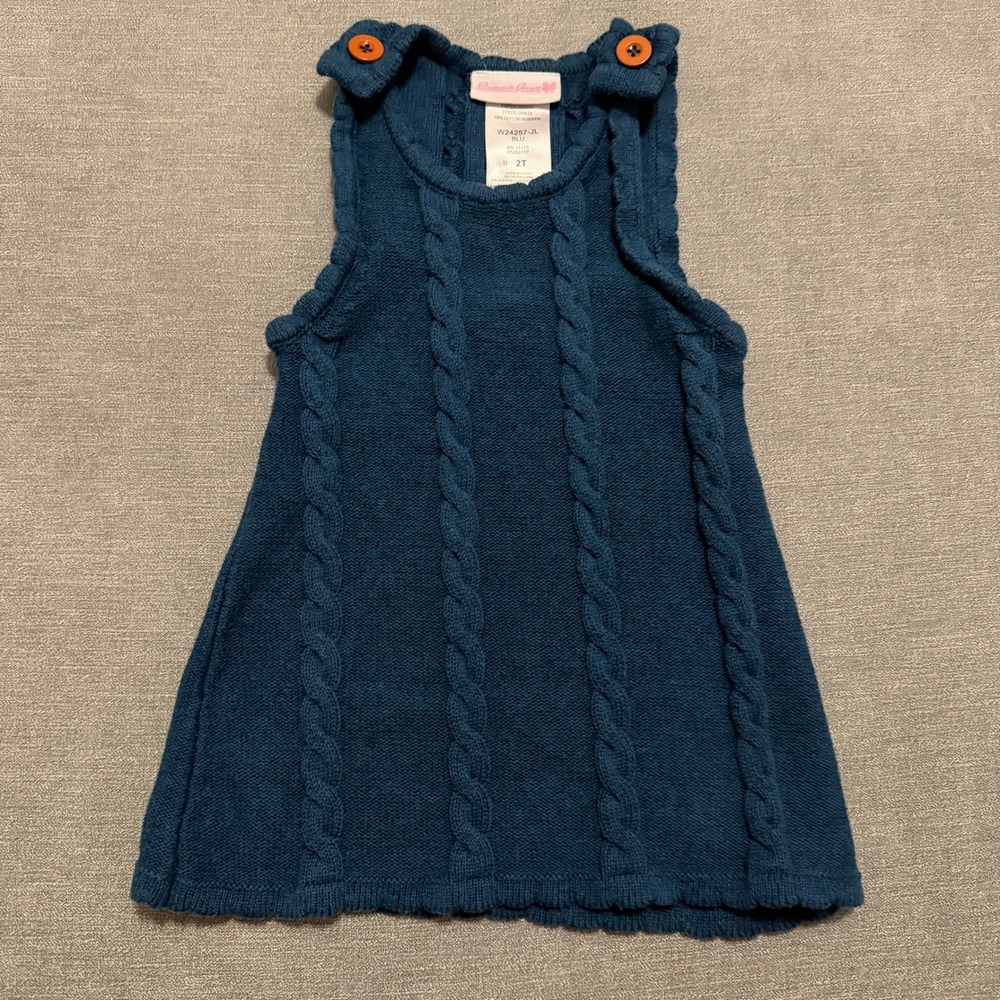 Bonnie Jean Girls Blue Cable Knit Jumper Dress 2T Cotton Sleeveless